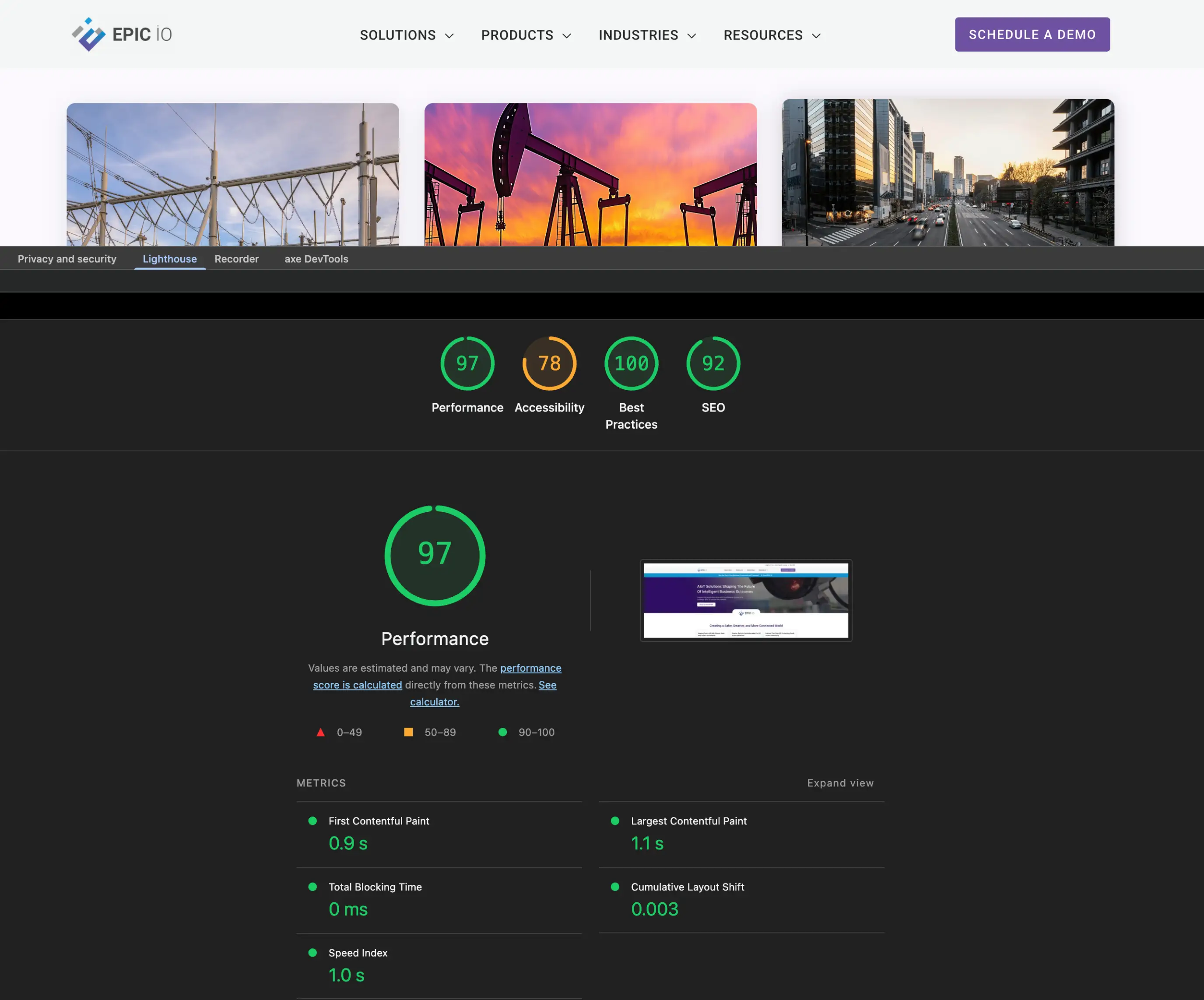 EPIC iO Lighthouse performance audit showing high scores in speed, best practices, and SEO after targeted website optimization.
