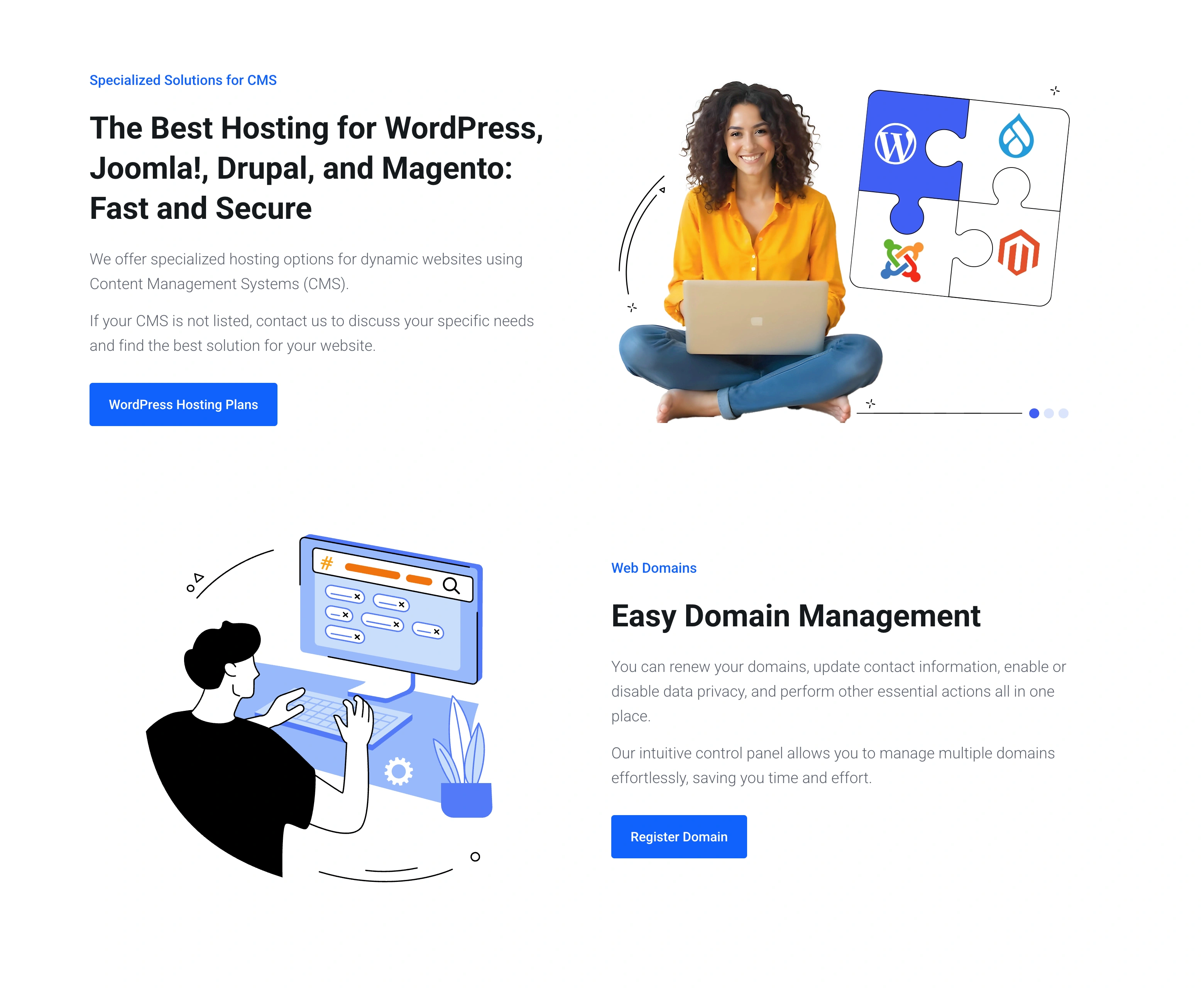 InterSitios CMS hosting and domain management section showcasing optimized CMS hosting options and intuitive multi-domain tools.