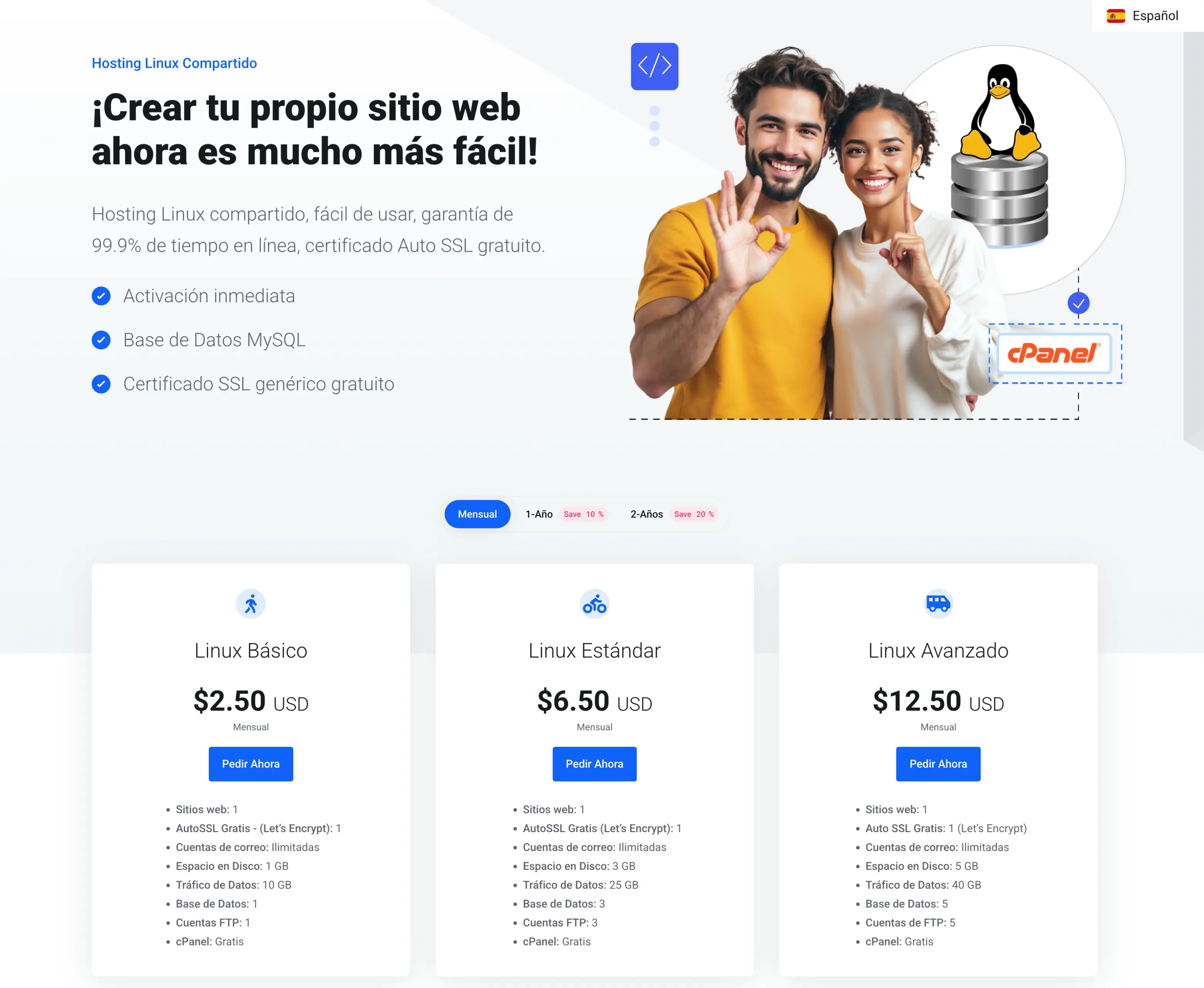 InterSitios Spanish Linux web hosting plans with cPanel, SSL, MySQL, and multilingual UX for Latin American customers.
