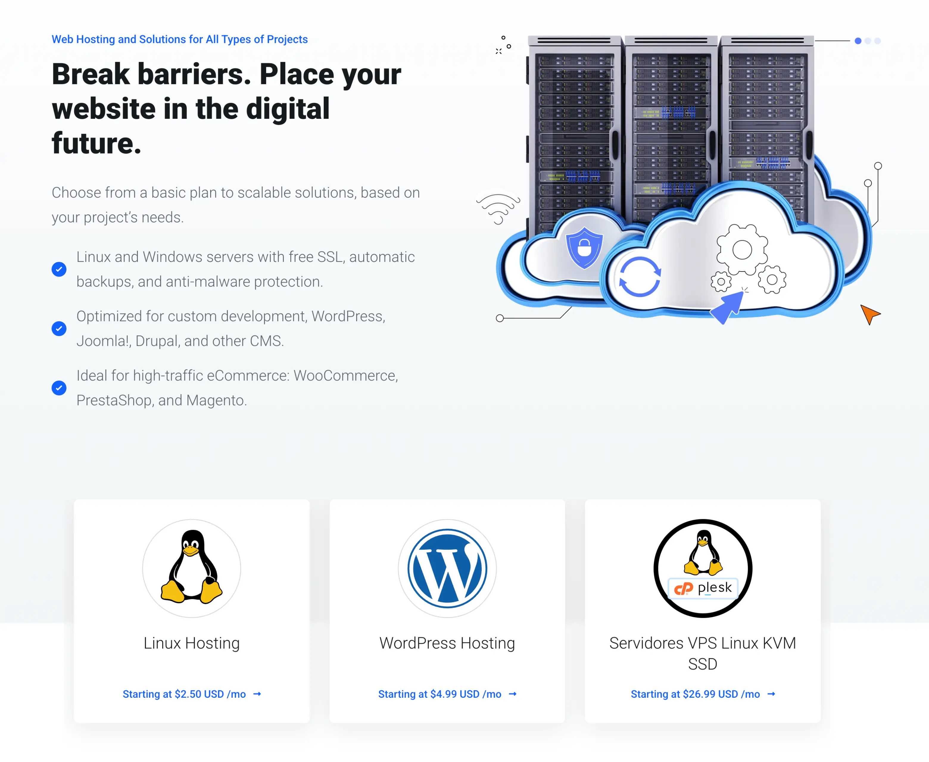 InterSitios web hosting hero section with cloud infrastructure, Linux and WordPress hosting options, and scalable server solutions.